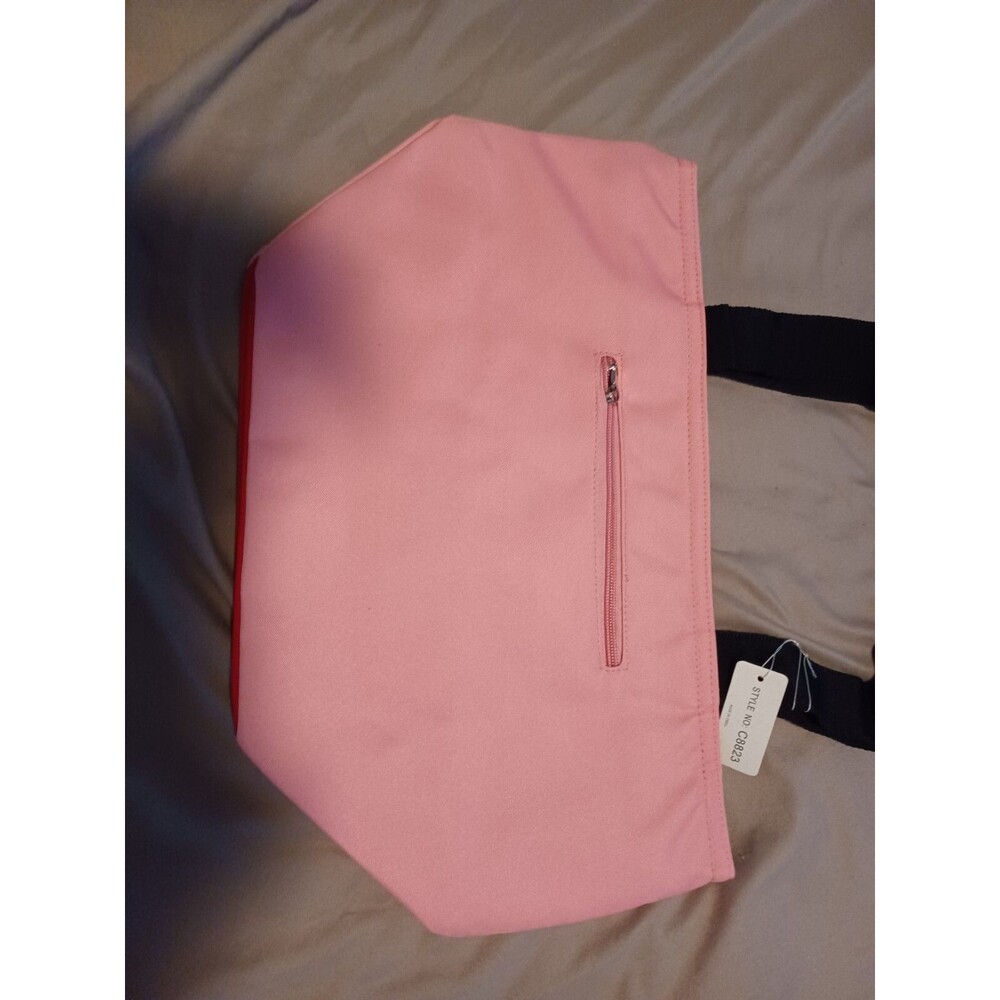 Women Pink Tote Bag Large Capacity Handbag Zipper Closure Blk Straps Beach Or Dr